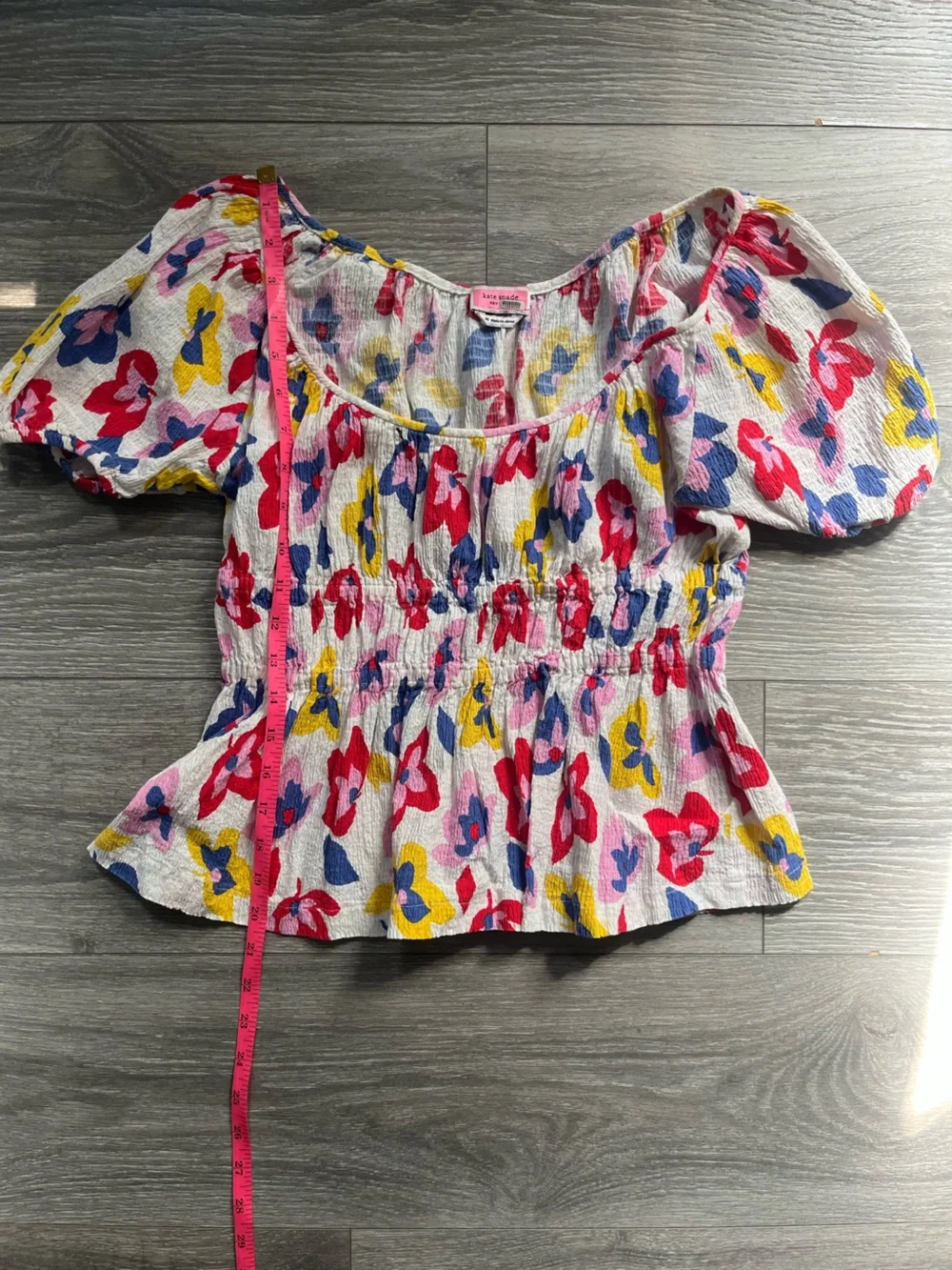 Kate Spade White Blue Floral Smocked Scoop Neck Puff Sleeve Cotton Blouse Size M